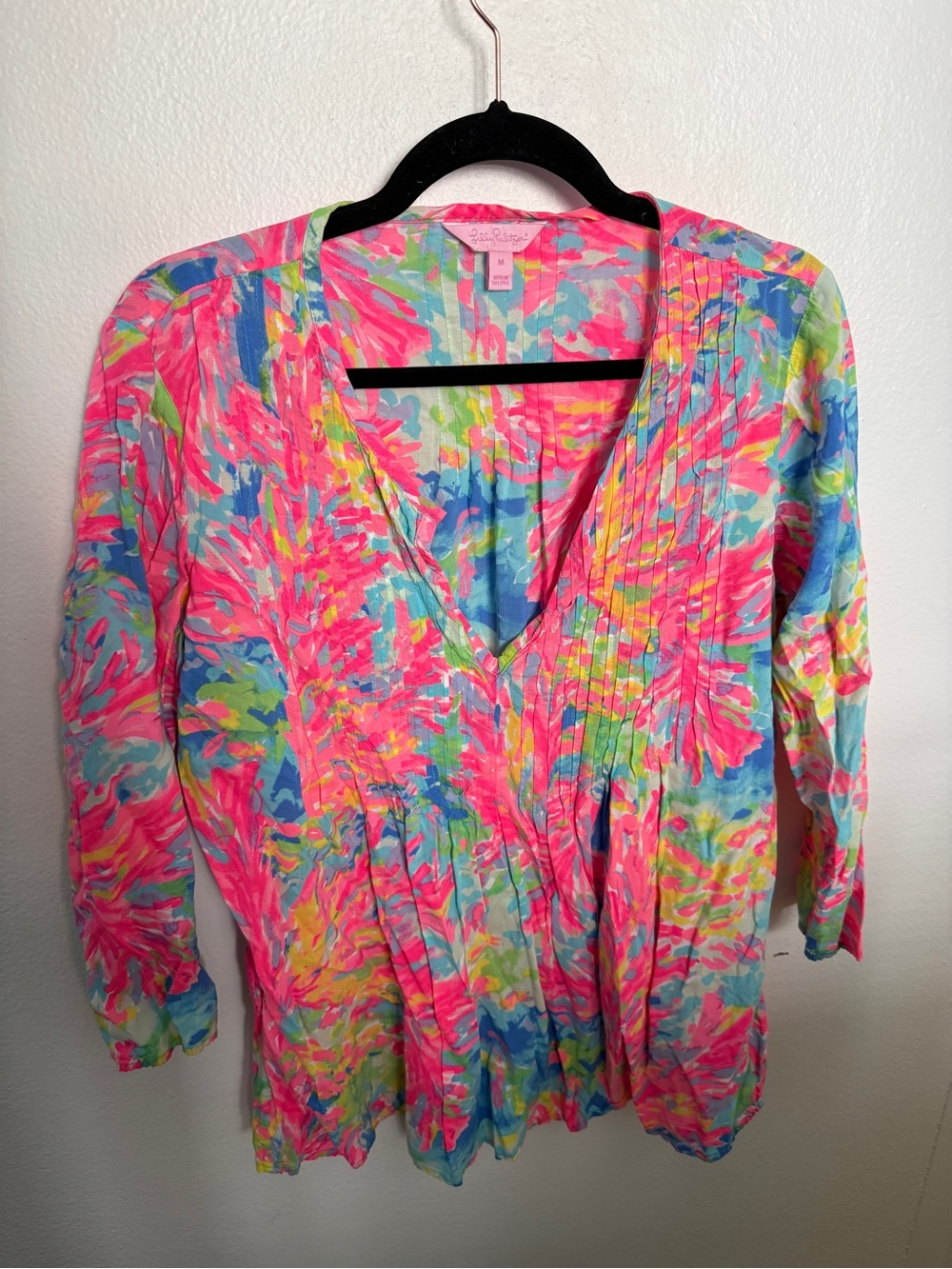 Lilly Pulitzer Neon Pink Multi Floral V-Neck Pintuck Tunic